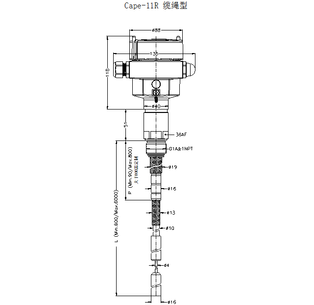 Cape-11R纜繩型射頻導(dǎo)納料位開(kāi)關(guān)尺寸圖